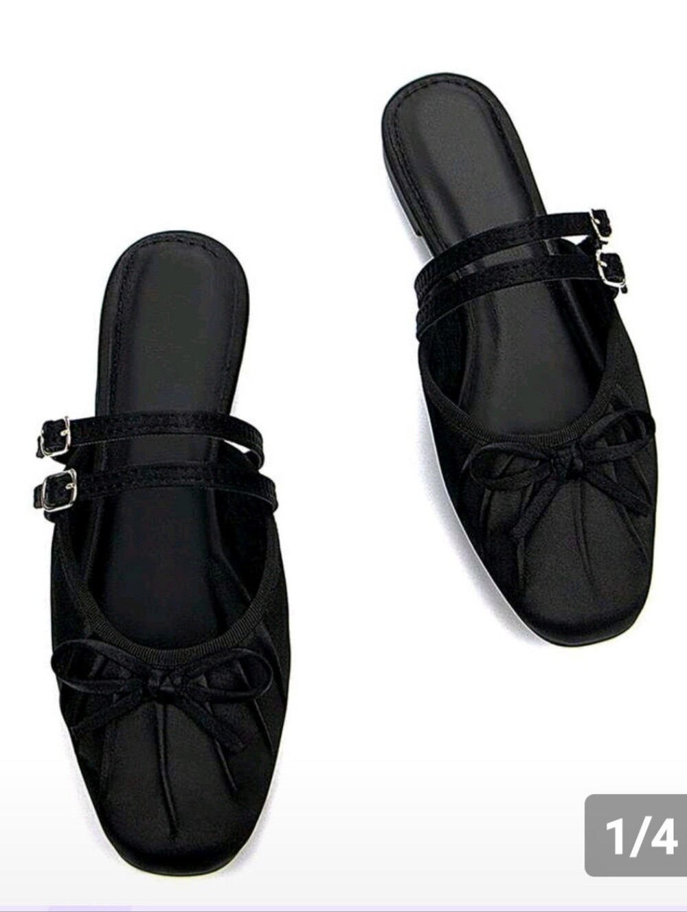 SHEIN Black Satin Double-Buckle Bow Slide Mules